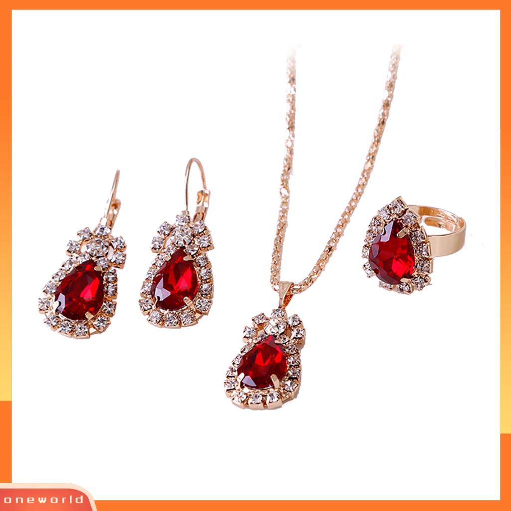 OW@ Jewelry Set Eye-catching Easy Matching Women Waterdrop Shiny Rhinestone Necklace Ring Earrings for Party