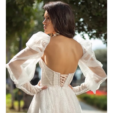 ESTELAVIA GAUN PERNIKAHAN GAUN PENGANTIN RENDA PUTIH MODERN DENGAN KORSET ROK TIGA LAPIS A-LINE