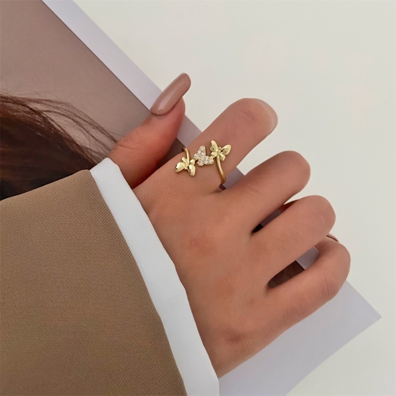 Cincin Kupu-Kupu Emas Berlian Korea Elegan Lady Adjustable Ring