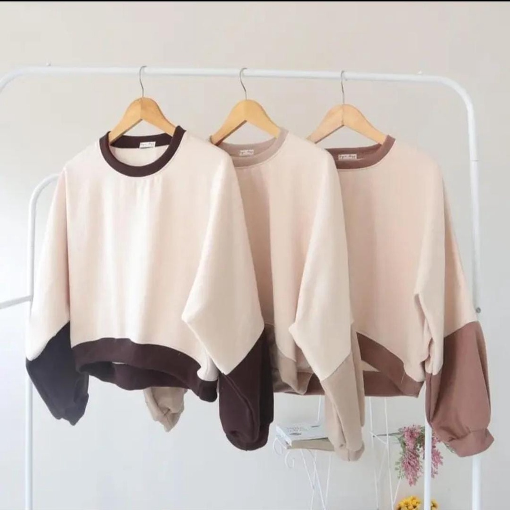 CROP OVERSIZE SWEATER WANITA COMBI ZOEY /// ATASAN WANITA KOREAN STYLE FLEECE TEBAL KEKINIAN TERBARU''