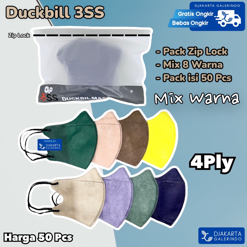 Masker Duckbill 3SS 4PLY Mix Warna Warna 1 Pack isi 50Pcs