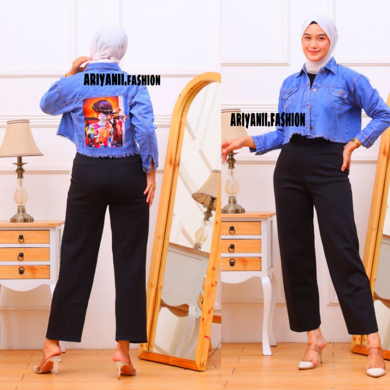 ARN - JAKET JEANS CROP WANITA PITA BELAKANG KEKINIAN LD 120cm OVERSIZE JACKET DENIM SOBEK RAWIS MURAH CEWEK KOREAN ORIGINAL SNOW MODEL KANCING BELAKANG JINS STYLE ZARA Baru