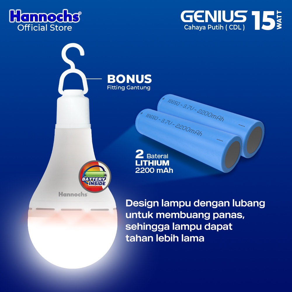 Hannochs Genius Bohlam Lampu LED Emergency 6-8-10-12-15 Watt Cool Daylight Putih BONUS Fitting Gantung