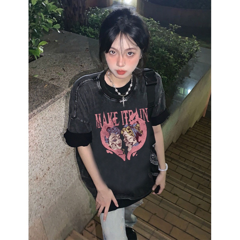 EUNII T-shirt Lengan Pendek Black Washed Retro Pink Angle Heart Printing Korean Style/Kaos Atasan Wanita/Baju Wanita/Kaos Wanita