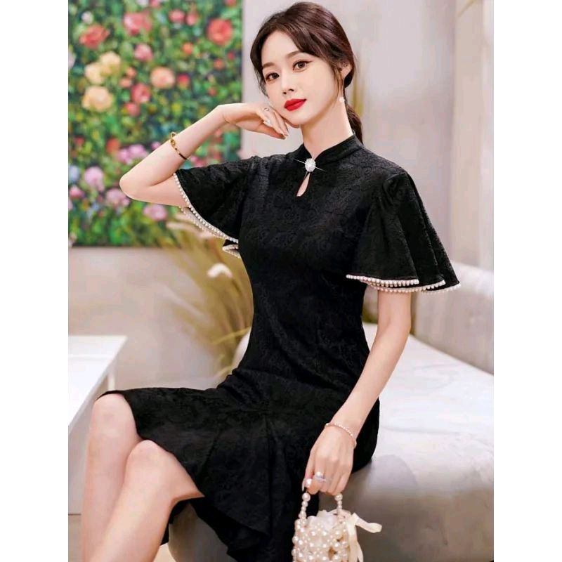 Cheongsam Dress wanita warna hitam cantik brukat korea lengan pendek elegant