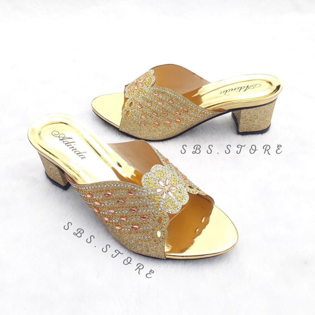 Sandal Wanita High Heels Pesta Mewah Motif Payet 05 Terbaru/Sendal Selop Wedges Hak Tahu 5cm Kekinian/Kondangan Pernikahan Pengantin