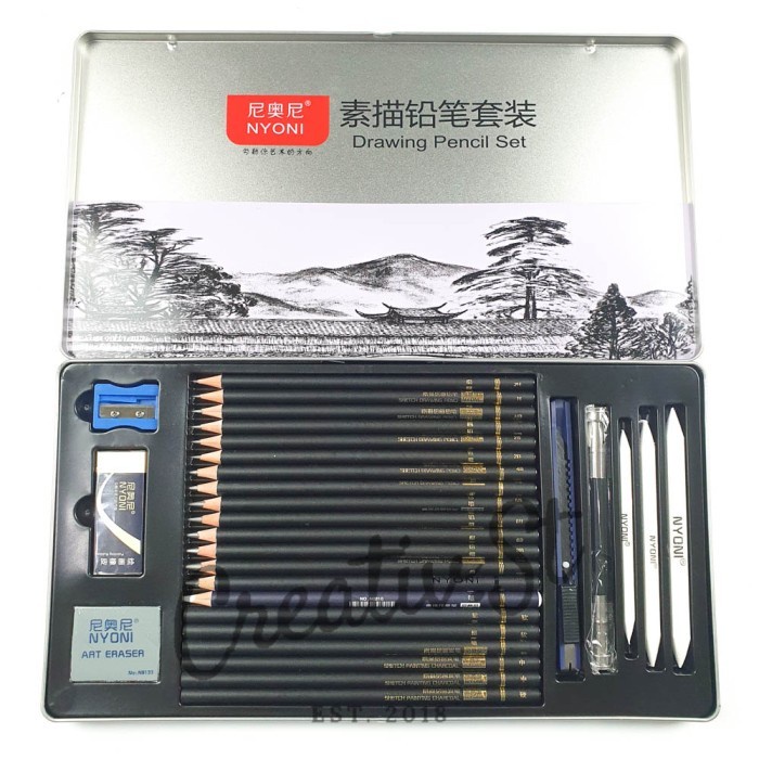 

Terlaris Nyoni Sketch Drawing Pencil Set Charcoal Paper Stump Eraser Sharpener