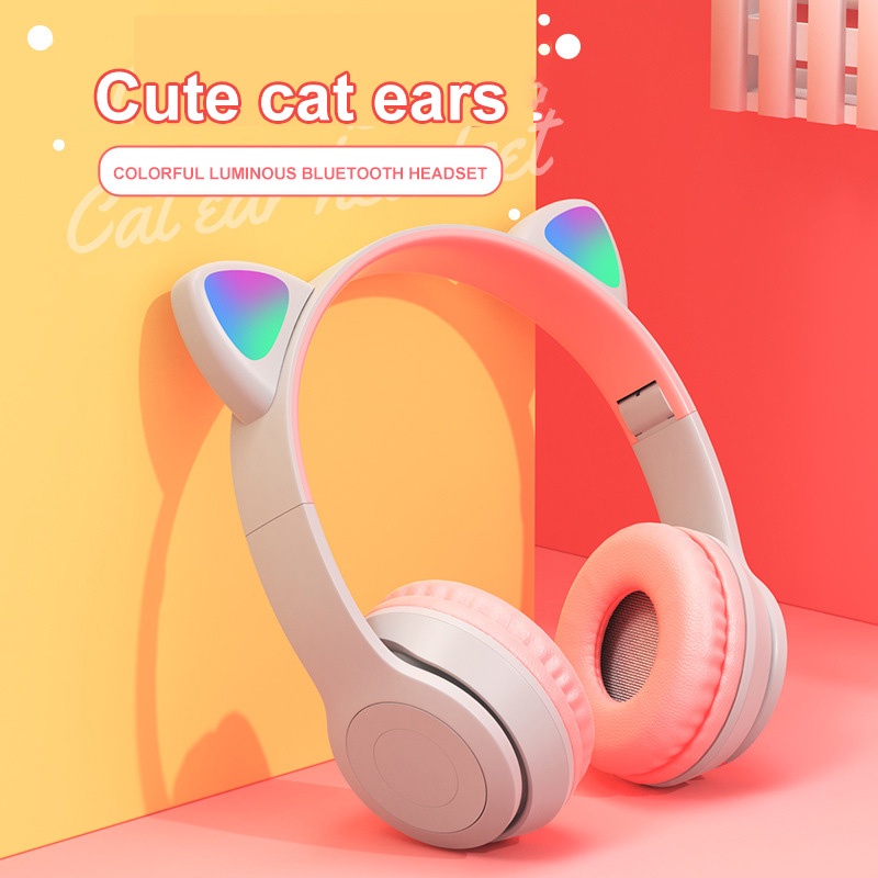 Headphone cat kucing lucu led bluetooth wireless mega bass music musik micro SD AUX mode radio volume panggilan telepon - realoneacc