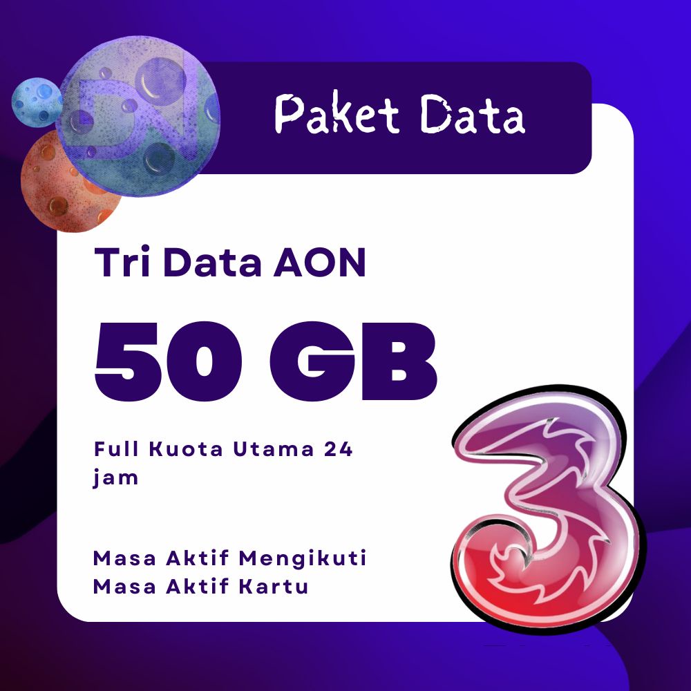 Paket Data Internet Tri Aon 50GB Full Kuota Utama 24 Jam Masa Aktif Mengikuti Masa Aktif Kartu
