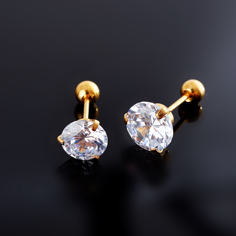 Anting Stud Berlian Zircon Bahan Titanium Steel Warna Rose Gold / Silver / Hitam