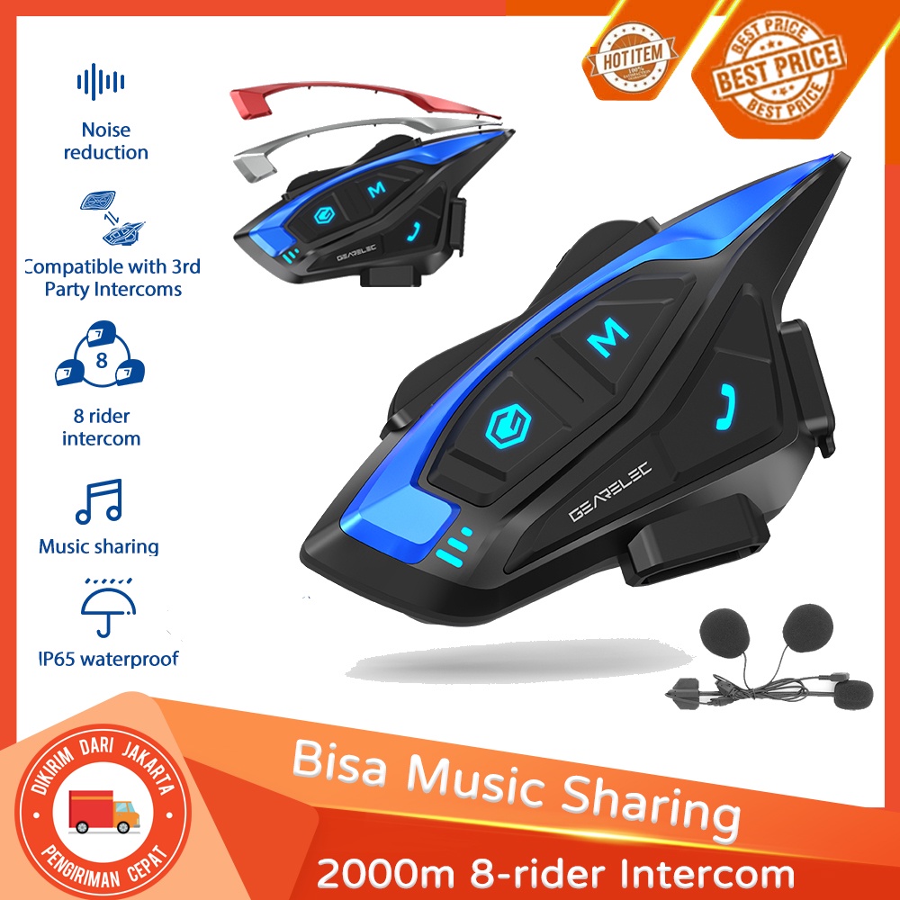 GEARELEC Shark Sepeda Motor Bluetooth Intercom Headset 2-8 Pengendara Helm Headset dengan Radio FM