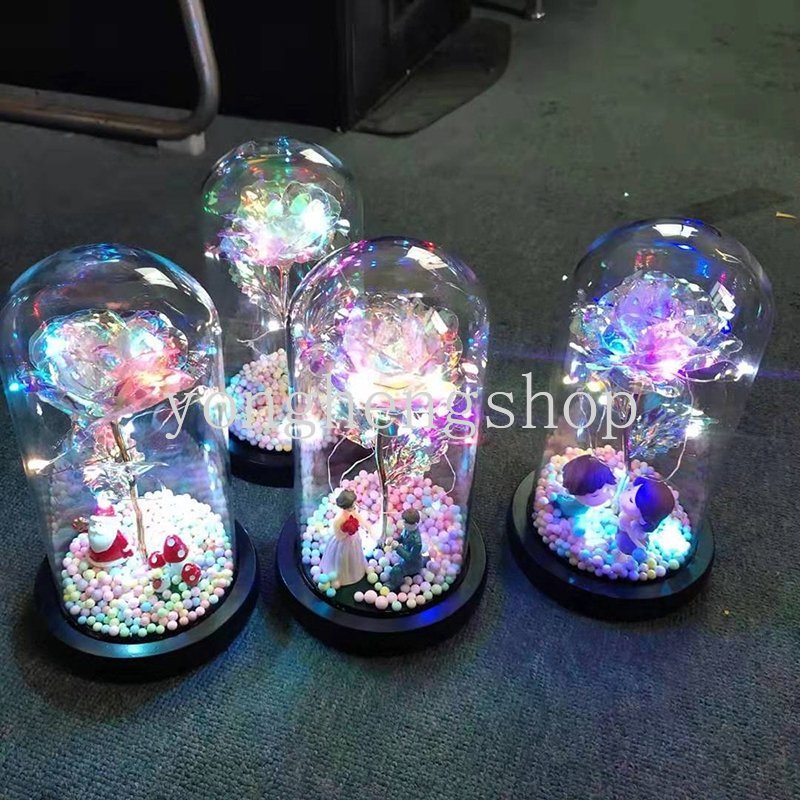 Kap Lampu Kaca Kreatif LED Foil Emas Ornamen Bunga Mawar Dengan Lampu Hari Valentine Hadiah Romantis Ulang Tahun Pernikahan Anniversary Birthday Gift