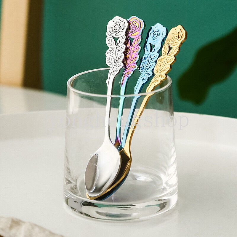 Kreatif Bentuk Bunga Mawar Handle Sendok Garpu Buah Stainless Steel Cutleries Kopi Teh Sendok Pengaduk Es Krim Sendok Dessert Spoon Tableware