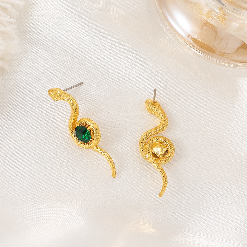 Temperamen Berliku Anting Ular Kecil Retro Fashion Hijau Zirkon Serpentine Earring Untuk Wanita Perempuan Perhiasan Pesta