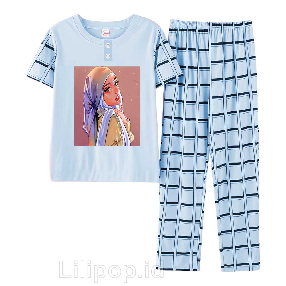 Lilipop.id  Baju Tidur Wanita CP muslimah Setelan Piyama BabyDoll Kaos Celana Panjang