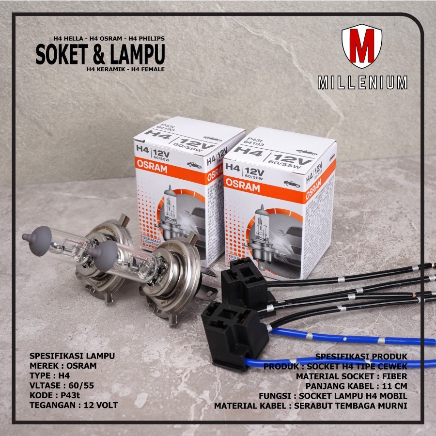 SOKET LAMPU H4 FEMALE DENGAN LAMPU H4 60/55W 12V PHILIPS HELLA OSRAM
