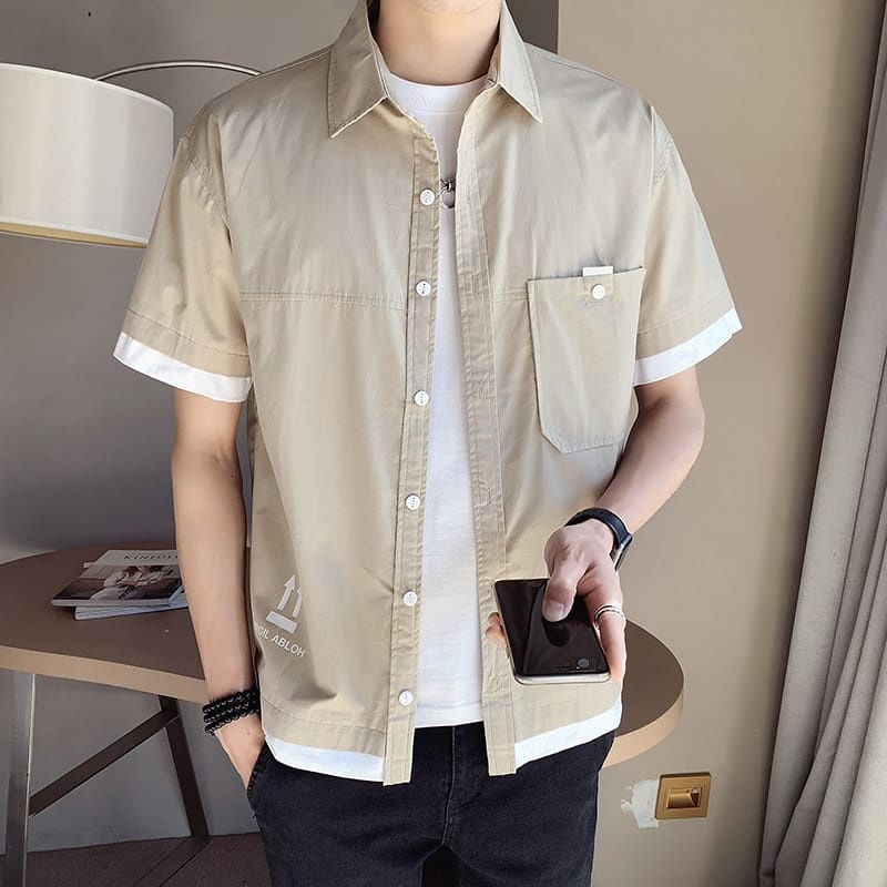 COD/KY/ Kemeja Lengan Pendek  Pria Model Klasik Motif Sablon ada kantong depan