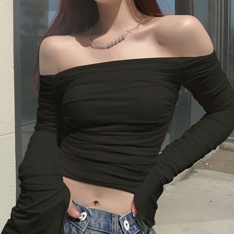 Red French one-shoulder strapless pleated long-sleeve T-shirt short section self-budidaya temperamen hot girl angin musim semi dan musim gugur top female ins tide