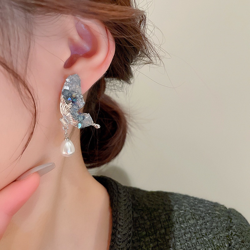 Kristal Kupu-Kupu Mutiara Drop Anting Aksesoris Temperamen Fashion Cahaya Mewah