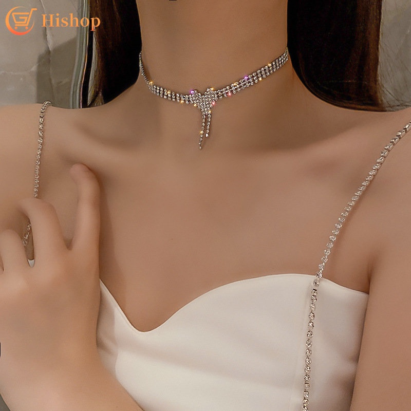 Heart Jumbai Kalung Choker Rantai Klavikula Kristal Silver Untuk Aksesoris Perhiasan Wanita