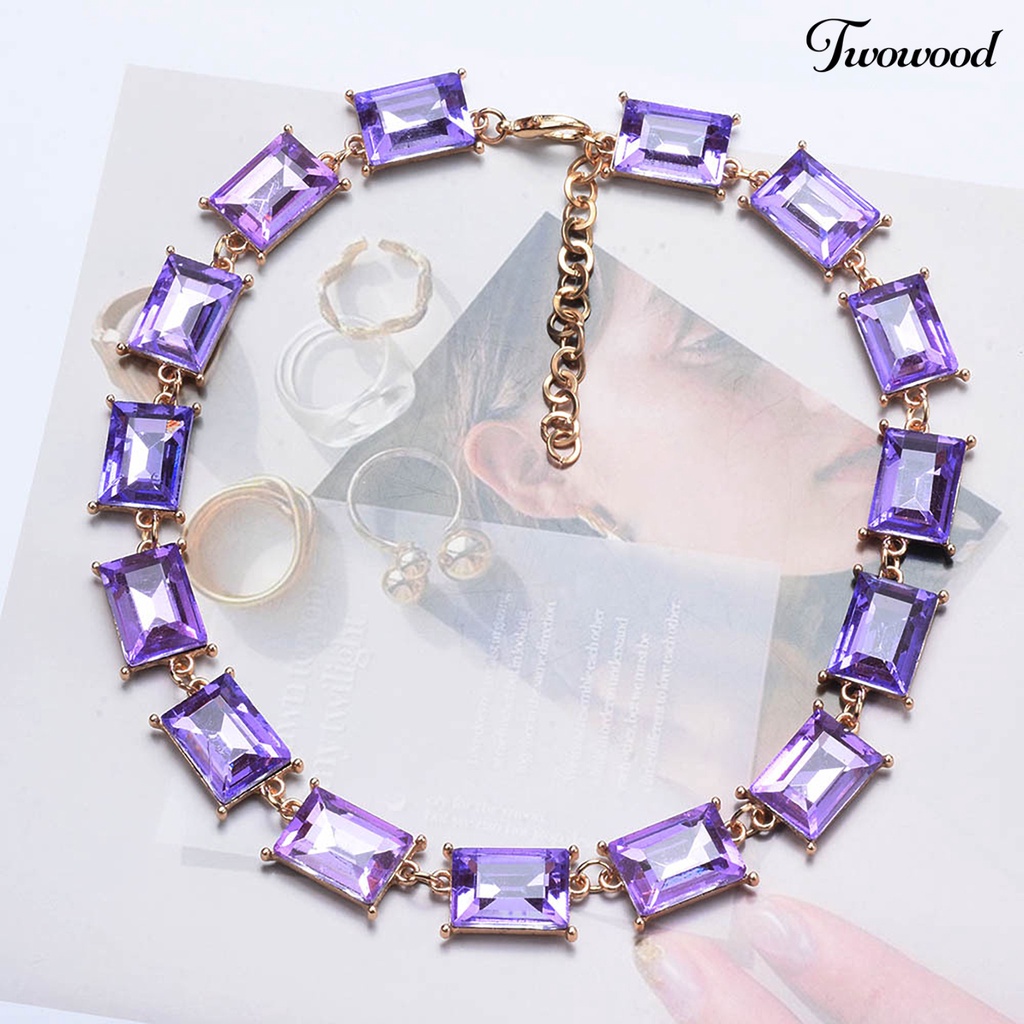 Twowood Kalung Berlebihan Desain Persegi Mengkilap Tidak Luntur Dress Up Alloy Geometris Persegi Berwarna Kristal Imitasi Kalung Wanita Perhiasan