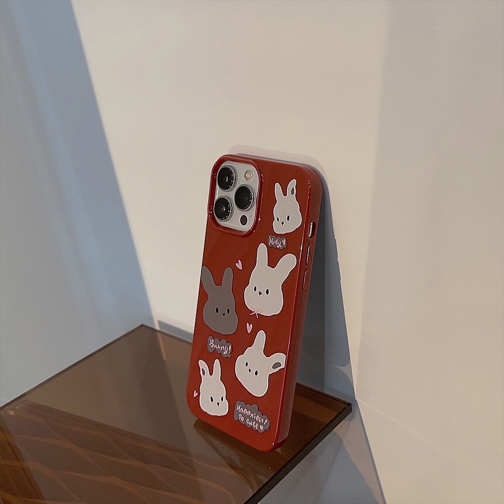 Ins Vintage Bunny Rabbits Wine Red Soft TPU Phone Case Back Cover Pelindung Untuk Iphone X XR XS 11 12 13 14 PLUS PRO MAX