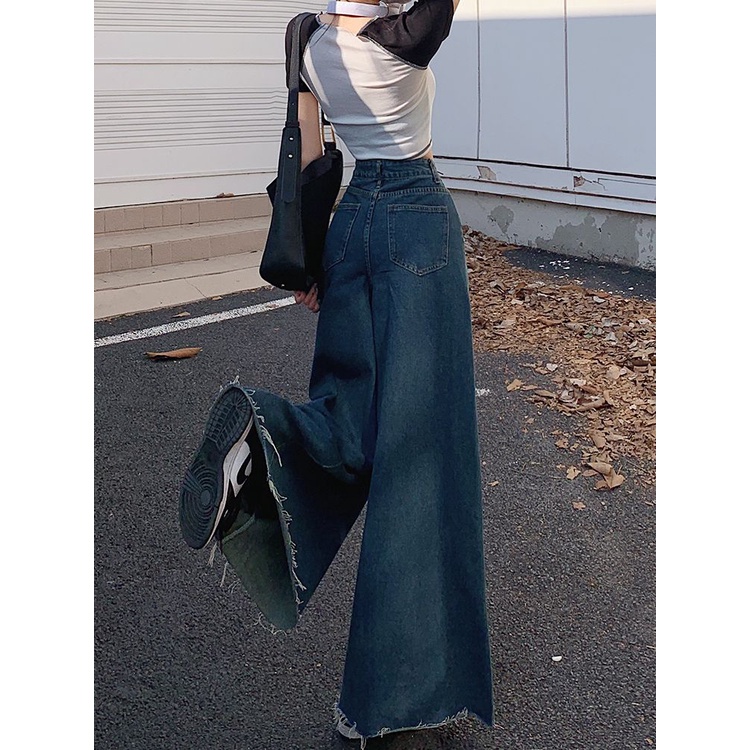 Red Retro rok denim super lebar kaki wanita musim semi dan musim gugur baru pinggang tinggi penutup kulit slimming all-match rasa desain celana berkobar besar