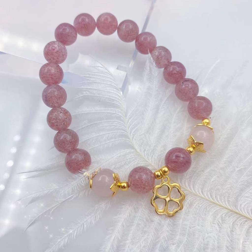 Gelang Kristal Energi Positif Alami Strawberry Empat Daun Clover Peach Blossom Untuk Perhiasan Wanita