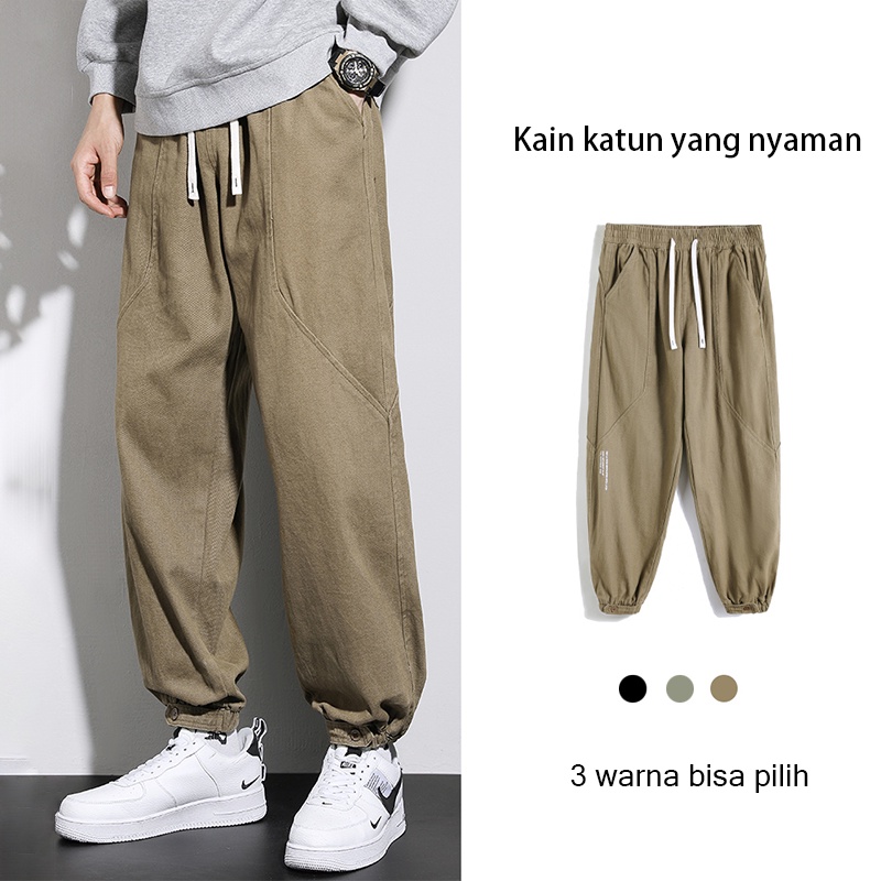 Celana cargo Fashion korea celana joger pria lurus loose pants pria celana kasual Fashion korea celana olahraga running hitam Pinggang Elastis celana panjang pria