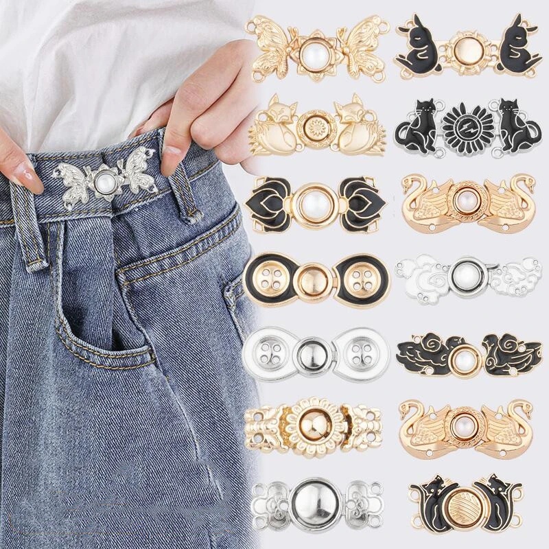 1pasang Trendi Retro Adjustable Jeans Pinggang Kancing Lucu Bunga Kupu-Kupu Bentuk Kelinci Pengencang Pinggang Pin Aksesoris Jeans