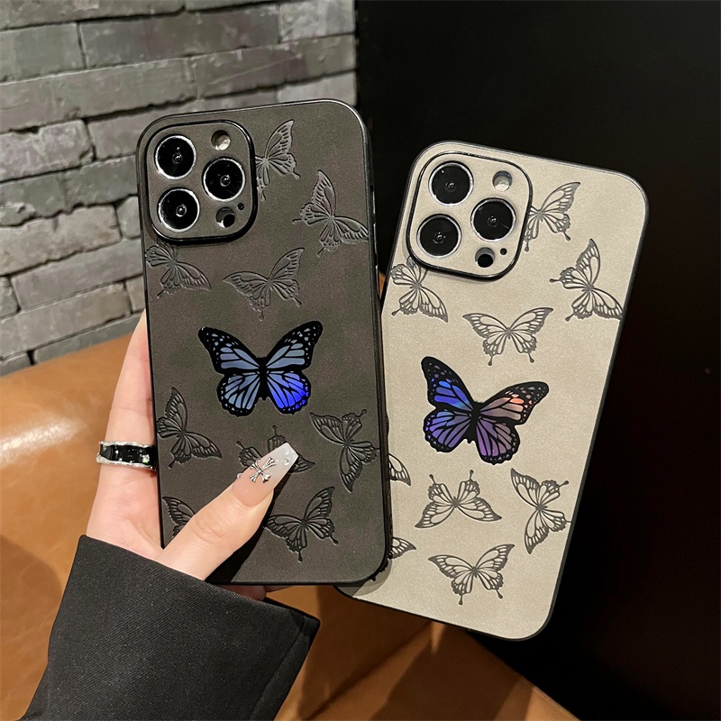 IPHONE Casing Ponsel Bahan Kulit Suede Laser Untuk Iphone14 /14 Pro /14 ProMax/14Plus 13 12 11 Pro Max Casing Hard Motif Kupu-Kupu