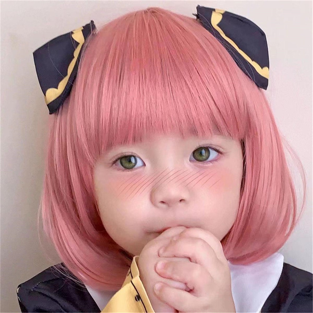 Wig Bob Pendek Anime Ania Cai Yan Pink Untuk Gadis Anak Aksesoris Rambut Hiasan Kepala Poni Pendek Lurus Rambut