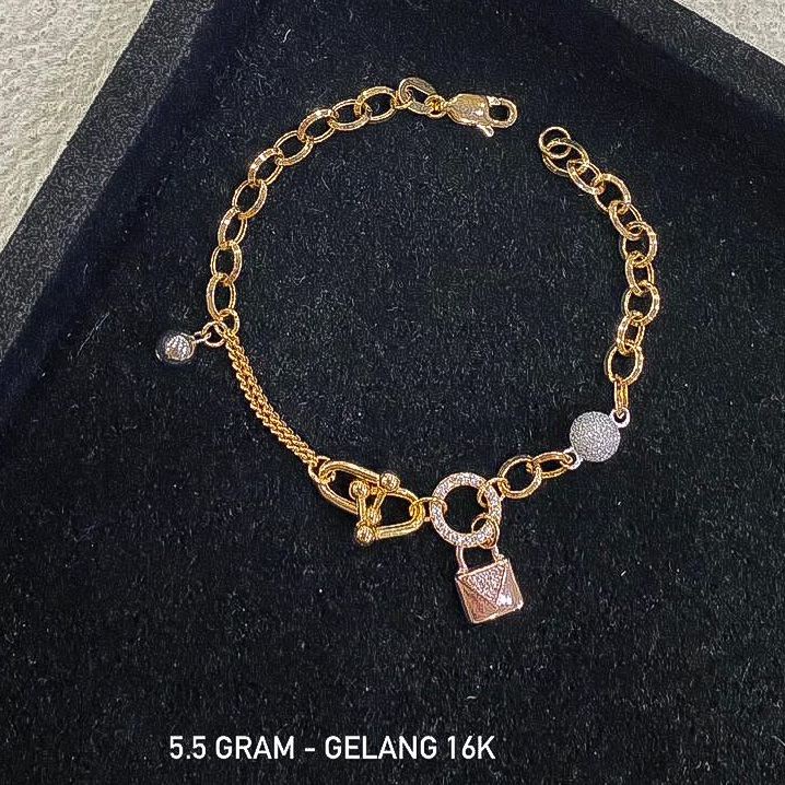 Gelang rantai anak dan dewasa emas asli kadar 700 70 16k branded LVV H tanpa permata love boba gembok kombinasi mix 3 warna whitegold rosegold tangan