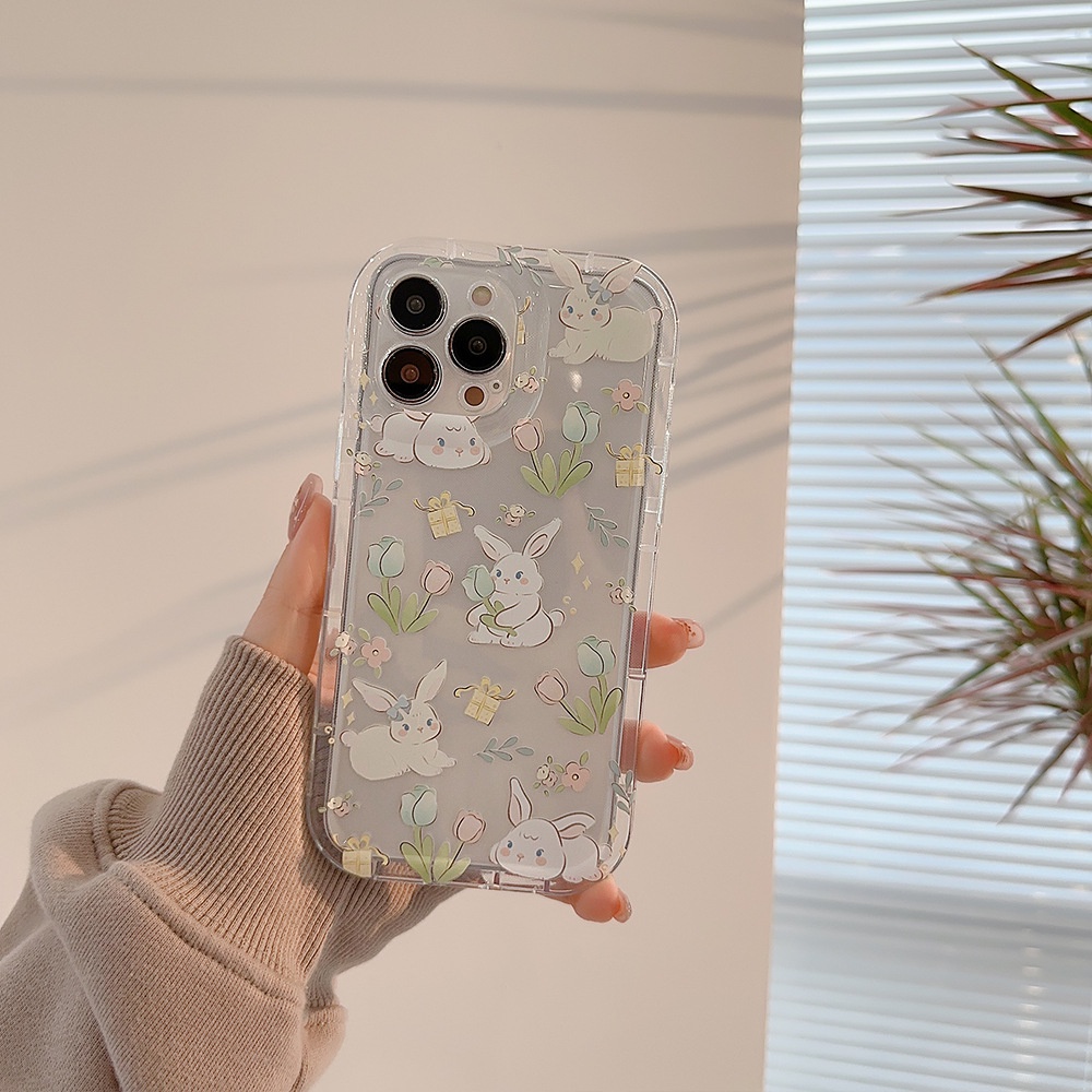 IPHONE Ins Lucu Bunga Kelinci Kartun Silikon Transparan Case Untuk Iphone14 11 12 13 PRO MAX Casing Cover Pelindung AT0031