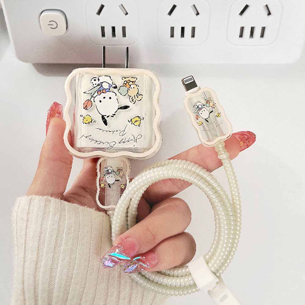 IPHONE Pochacco Lucu Casing Charger Tepi Gelombang Lembut Transparan Untuk Iphone18/20W Dengan 1.6m Kabel Laser Tali Perlindungan Kabel Data