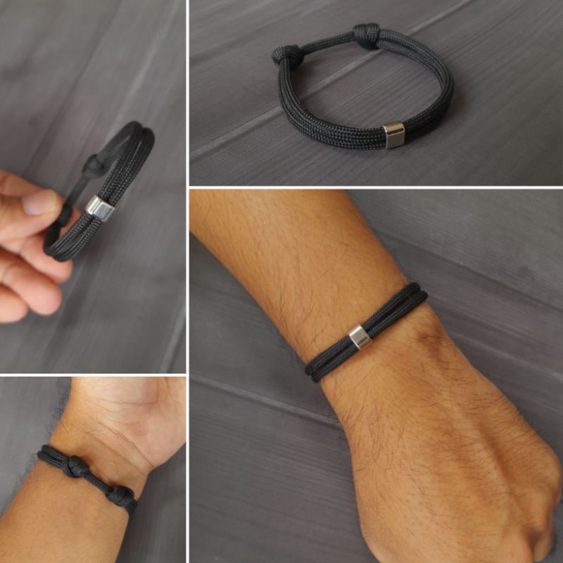 Gelang Tangan Tali Paracord 550lbs Prusik Paracord Hitam Pria Wanita Simpel Kasual Unisex