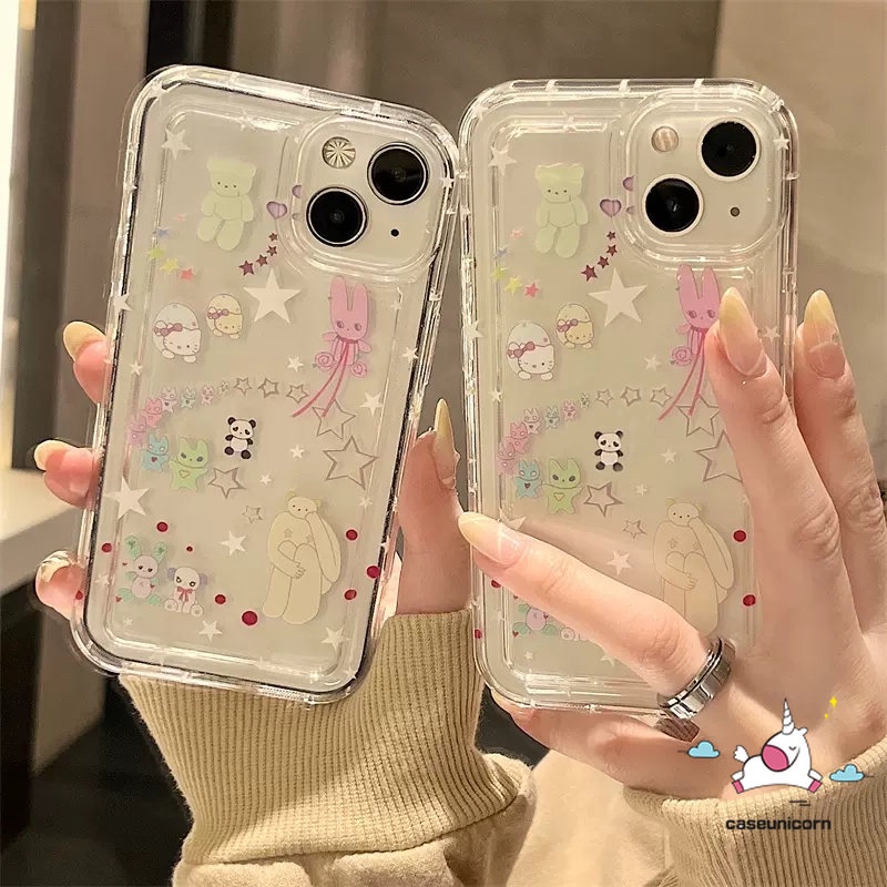 Airbag Shockproof Phone Case Kompatibel Untuk iPhone 7plus XR 11 14 13 12 Pro MAX 7 8 6 6S Plus X XS MAX 8plus SE 2020 Ins Korea Kartun Bintang Lucu Beruang Kitty TPU Lembut Bening Cover