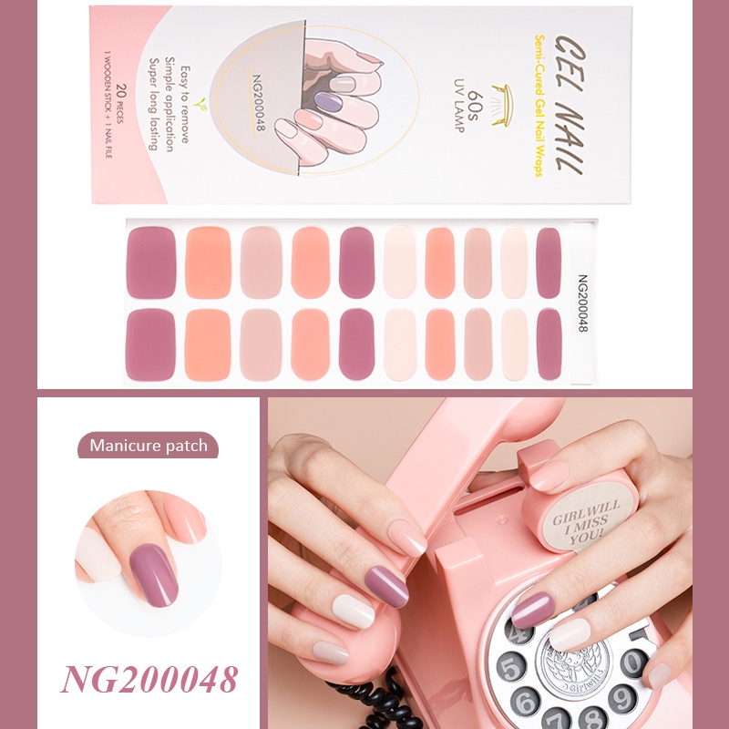 20tips Warna Pink Nude Semi Obat Gel Kuku Strip Patch Sliders Perekat Tahan Air Full Cover Gel Nail Stcikers