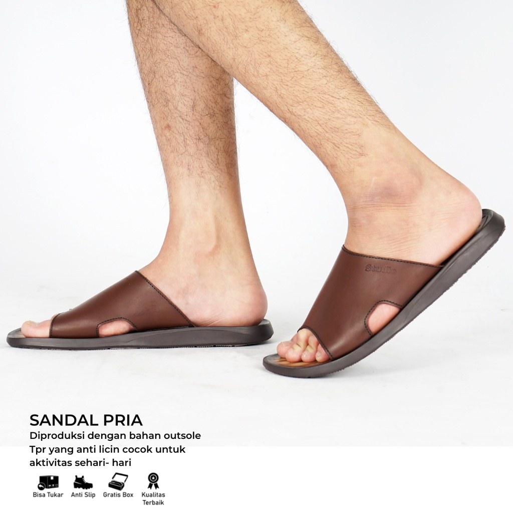 Sandal Pria Slide Sendal Kasual Kulit Hitam coklat tan tidak licin