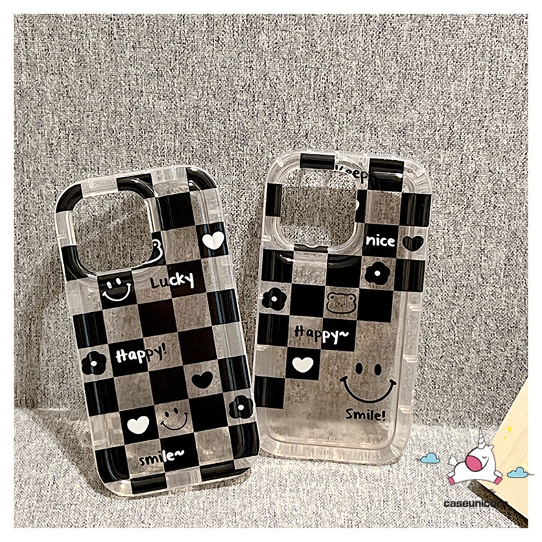 IPHONE Pasangan Casing Ponsel Kompatibel Untuk Iphone11 14 13 12 Pro MAX 6 6S 7 8 Plus XR X XS MAX Shockproof Airbag Lembut TPU Cover Ins Kotak-Kotak Beruang Smile Love Heart Flower Couple Case