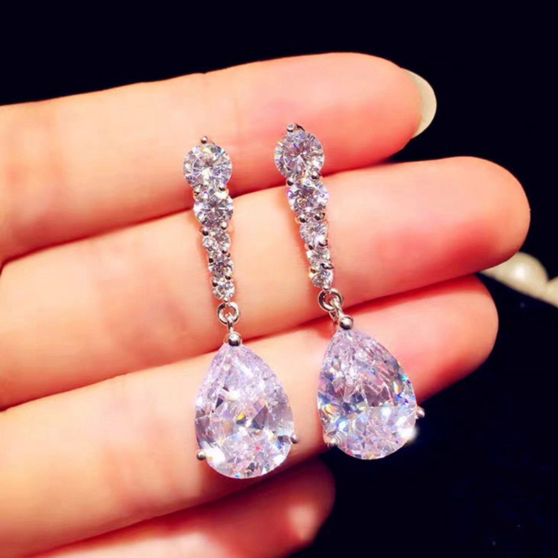 1pasang925 Sterling Silver Teardrop Berlian Menjuntai Anting Untuk Wanita Pengantin Pertunangan Pernikahan Bridal Earring Jewelry