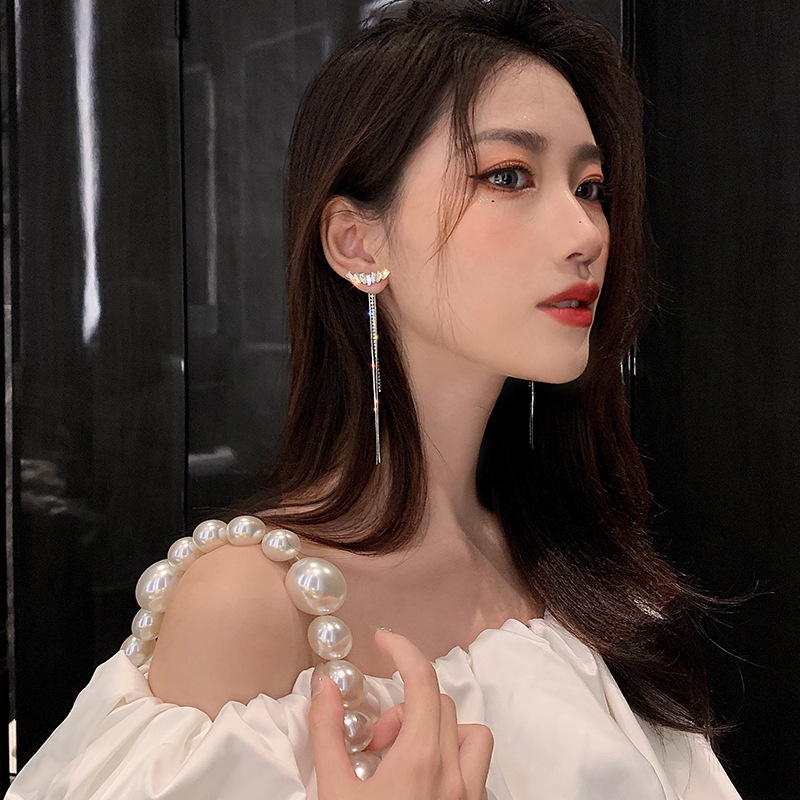 Korea Anting Rumbai Panjang Jarum Perak Bertatahkan Zirkon Anting Sayap Indah Temperamen Anting Perempuan