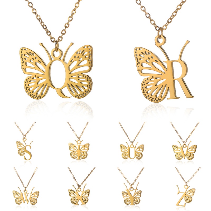 Huruf Inisial Dengan Kalung Kupu-Kupu Untuk Wanita Butterfly Perhiasan Stainless Steel Alfabet Liontin Choker Necklace Hadiah Perempuan