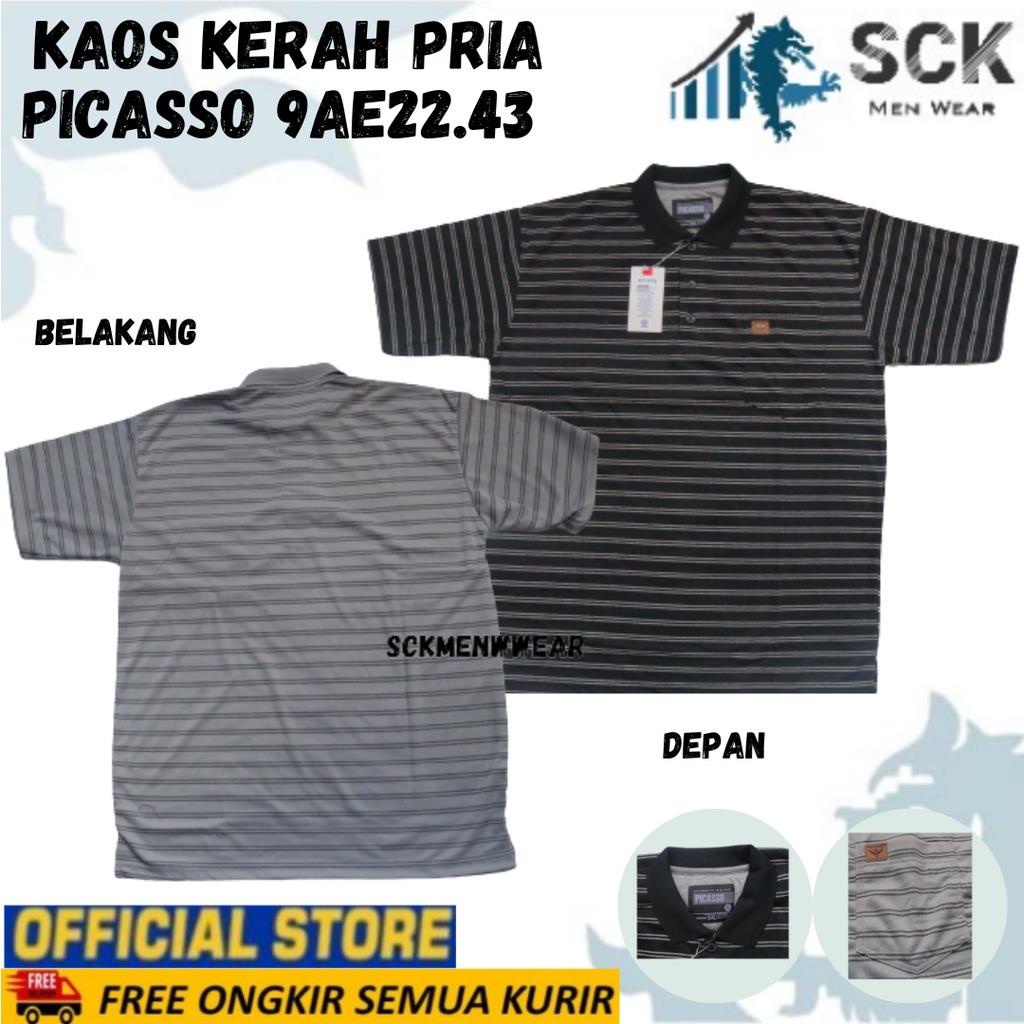 Kaos Kerah Pria PICASSO Motif Salur Kombinasi Aneka Warna PE Halus Original / Baju Cowok Size XL-XXL JUMBO - sckmenwear GROSIR