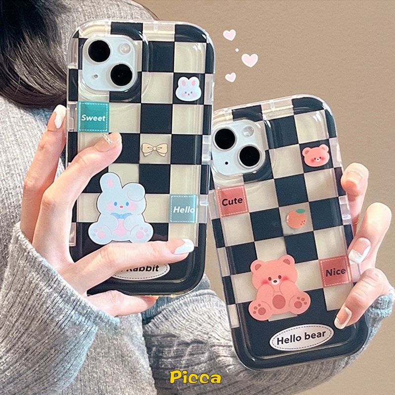 Couple Checkerboard Case Untuk Samsung A13 A50 A04s A12 A03s A52 A32 A04 A02s A30s A23 A04E A50s A52s A11 A03 M11 A20 A30 F23 M23 M13 Beruang Lucu Kelinci Airbag Shockproof Soft Case