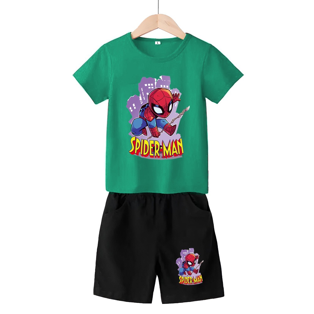 Baju Stelan 3/4 Anak Spiderman Cowok Cewek  Usia 1 - 4 Tahun Celana Pendek Harian