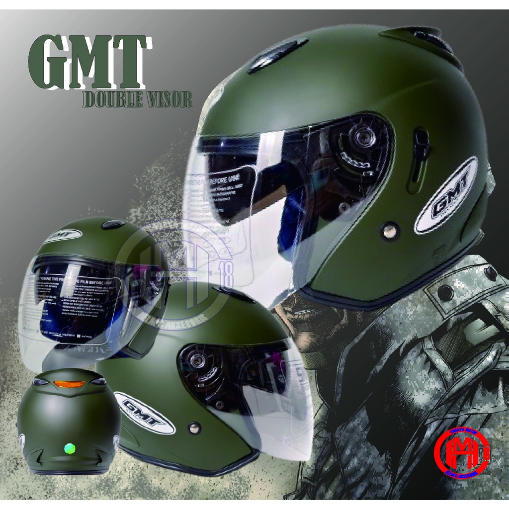 HELM HALF FACE DOUBLE VISOR|MODEL INK CENTRO|MERK GMT|HIJAU ARMY