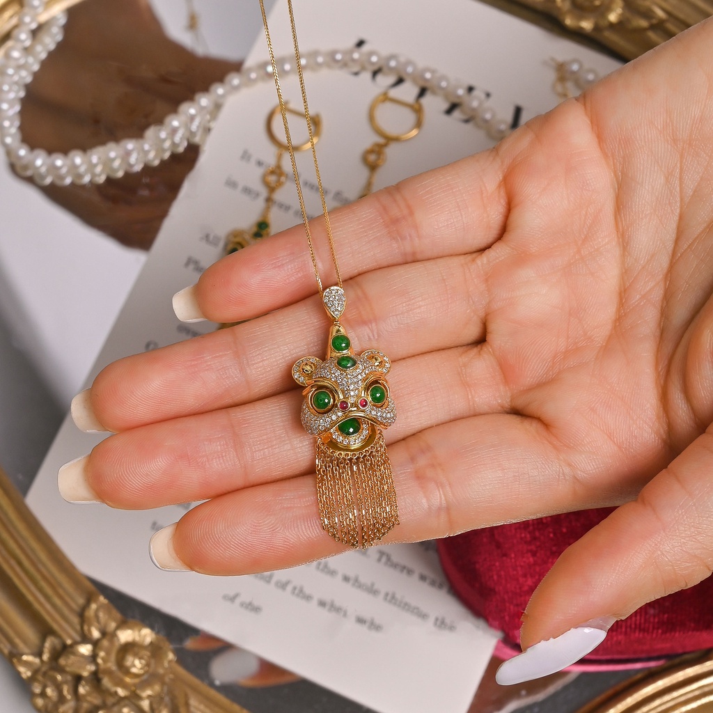 Goldkingdom Fashion Perhiasan Aksesoris Ready Stock Retro Gaya Cina Imitasi Jasper Singa Kalung Zamrud Baru Liontin Cincin Yang Dapat Disesuaikan Rumbai Anting Set