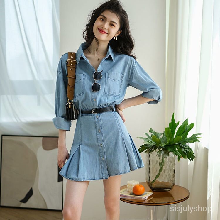 [✅BISA COD]  #Sisjuly# Gaun denim yang melangsingkan pinggang wanita dengan rok pendek A-line temper