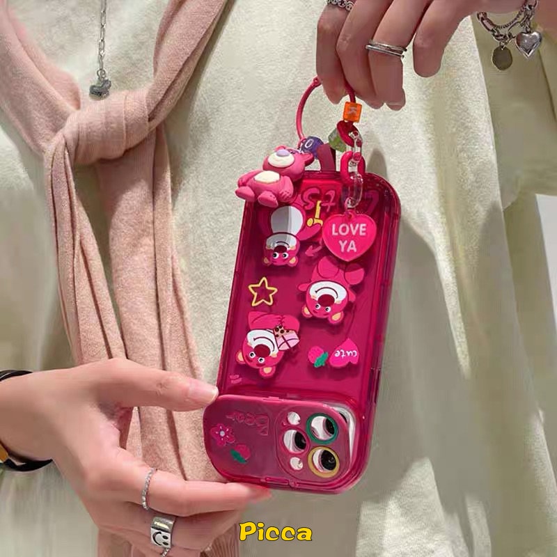 IPHONE Rose Red Cute Kartun Manyo Strawberry Bear Phone Case Kompatibel Untuk Iphone14 Pro Max7 8 14 Plus XR 11 13 12 14 Pro MAX X XS MAX SE Kreatif Flip Make Up Cermin Lembut TPU Case